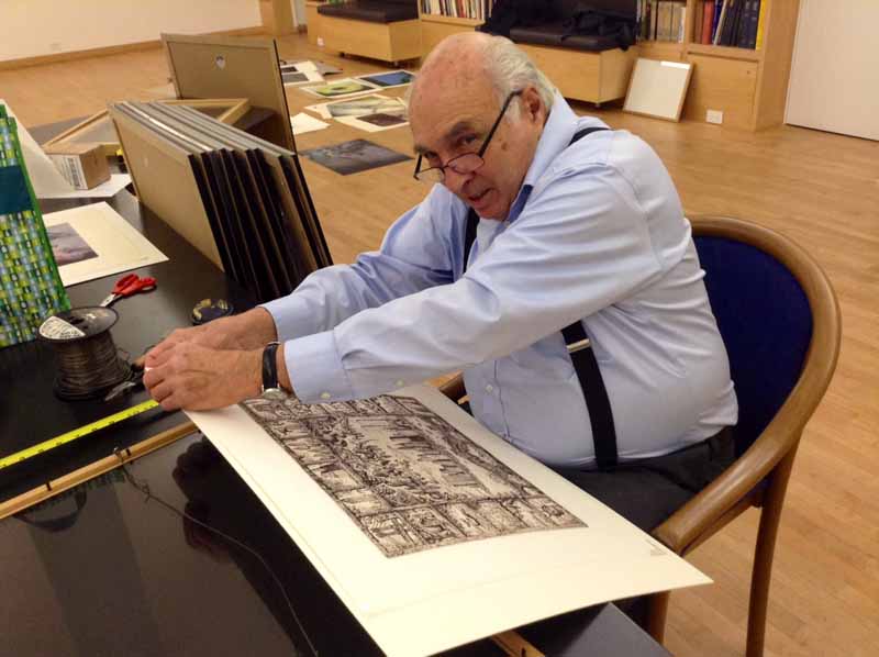 Print dealer Marvin Bolotsky framing Peter Klucik's etching for Celebrating Print